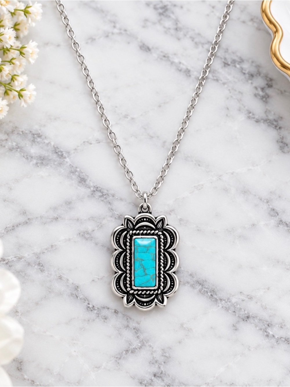 Turquoise Stone Silver-Tone Pendant Necklace